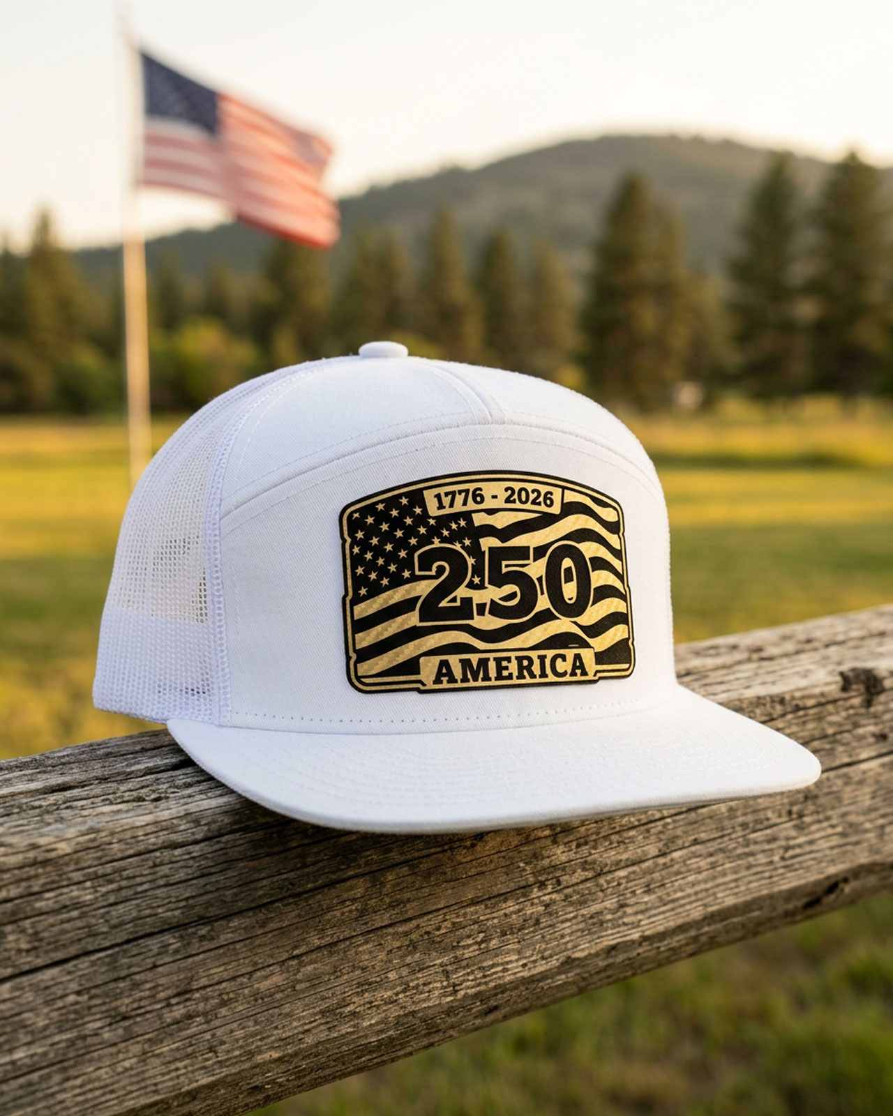 Gold-patch 250 trucker hat worn outdoors